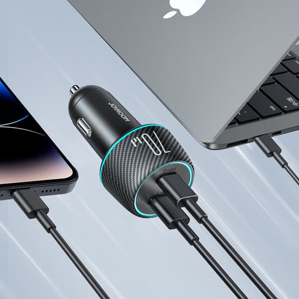 Dobbelt biloplader 2x USB-C 70W med LED-baggrundsbelysning JR-CCN02 - sort