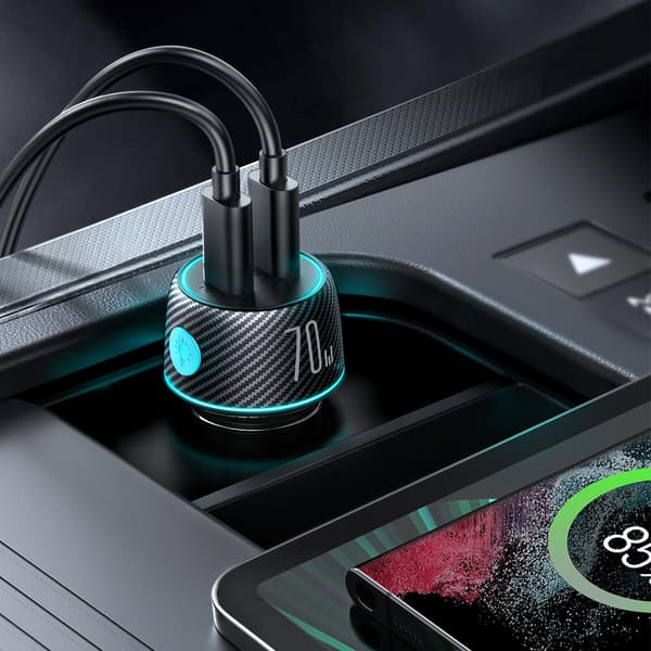 Dobbelt biloplader 2x USB-C 70W med LED-baggrundsbelysning JR-CCN02 - sort