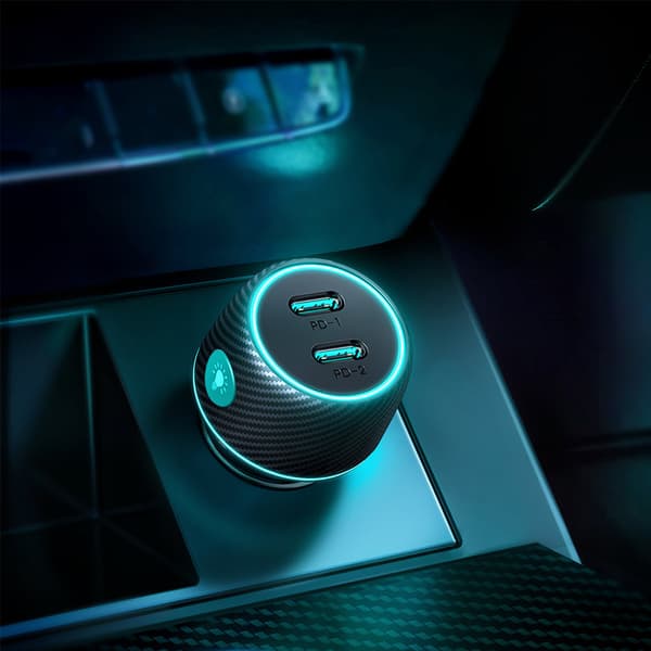 Dobbelt biloplader 2x USB-C 70W med LED-baggrundsbelysning JR-CCN02 - sort