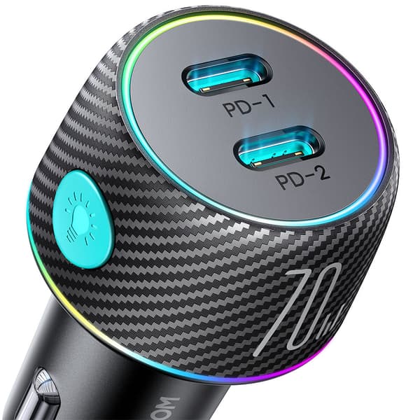 Dobbelt biloplader 2x USB-C 70W med LED-baggrundsbelysning JR-CCN02 - sort