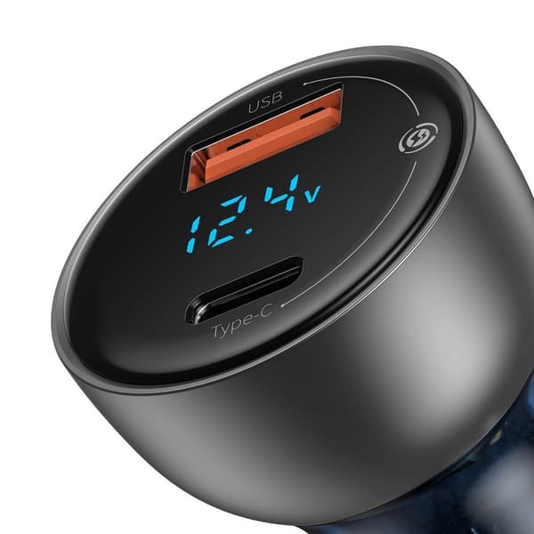 USB + USB-C 65W Quick Charge -autolaturi läpinäkyvällä LCD-näytöllä