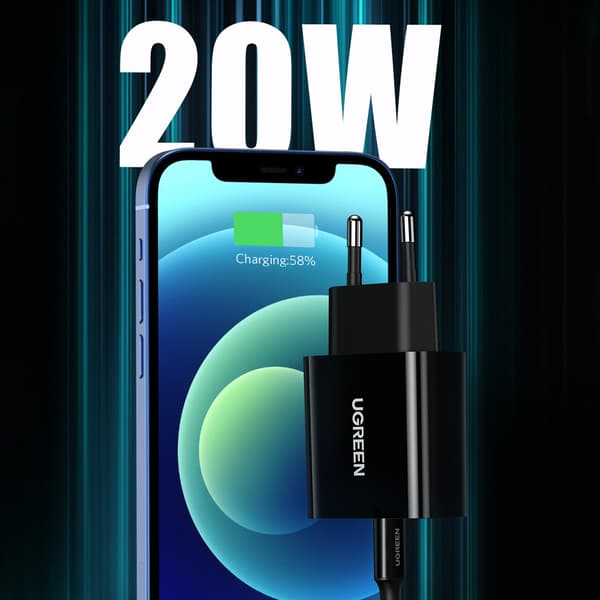 USB-C 20W Power Delivery telefonoplader, sort