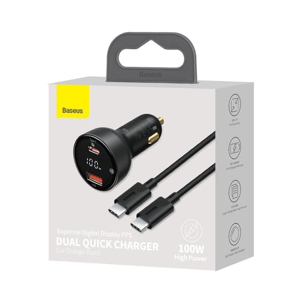 Superme USB hurtig biloplader USB-C PPS QC PD + 1m sort kabel