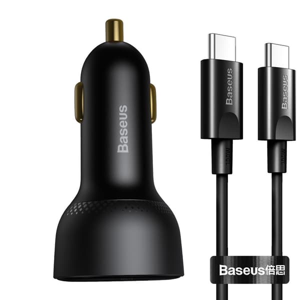 Superme USB hurtig biloplader USB-C PPS QC PD + 1m sort kabel