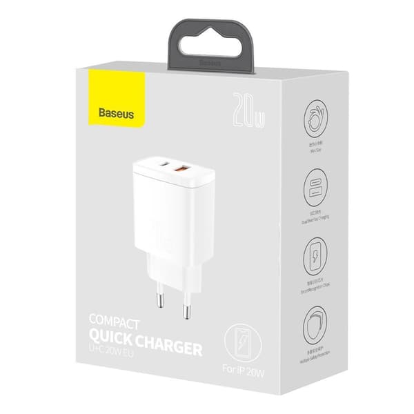 Kompakt USB-hurtigoplader USB-C 20W 3A PD QC 3.0 hvid