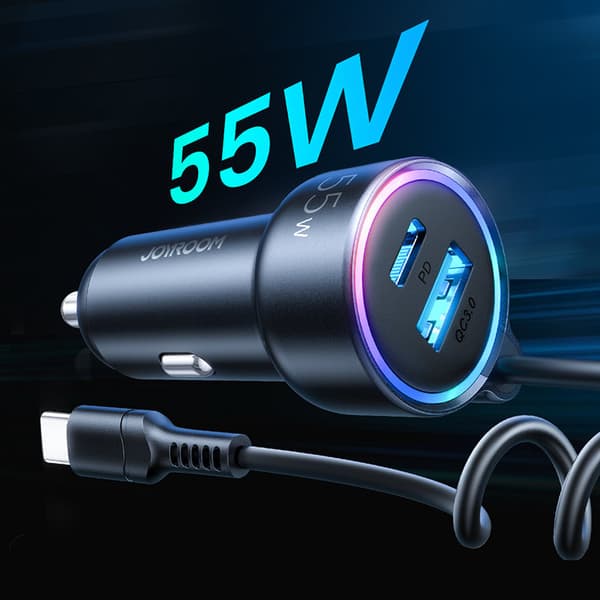 3i1 hurtig biloplader med USB-C kabel 1,5m 55W sort
