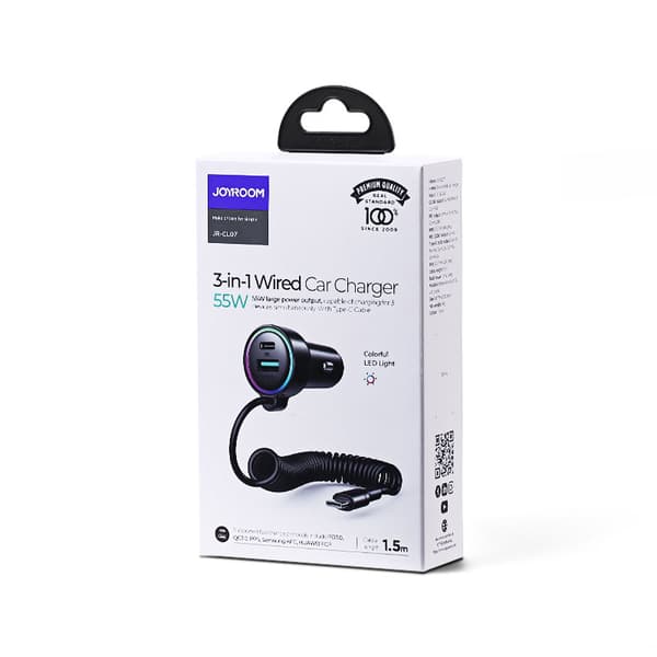 3i1 hurtig biloplader med USB-C kabel 1,5m 55W sort