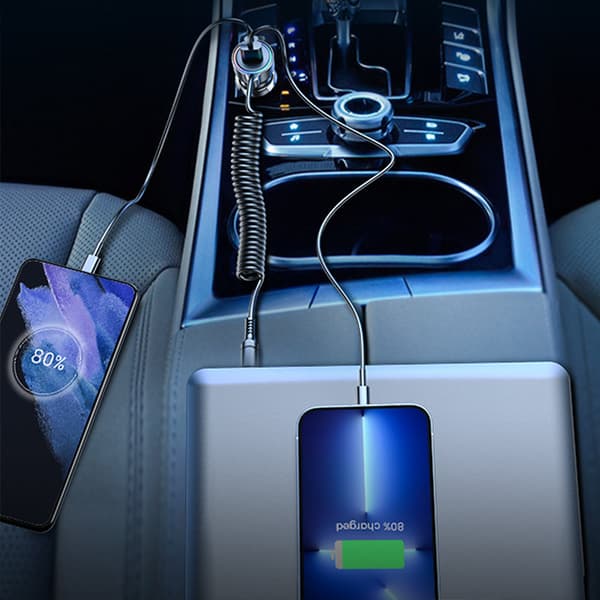 3i1 hurtig biloplader med USB-C kabel 1,5m 55W sort