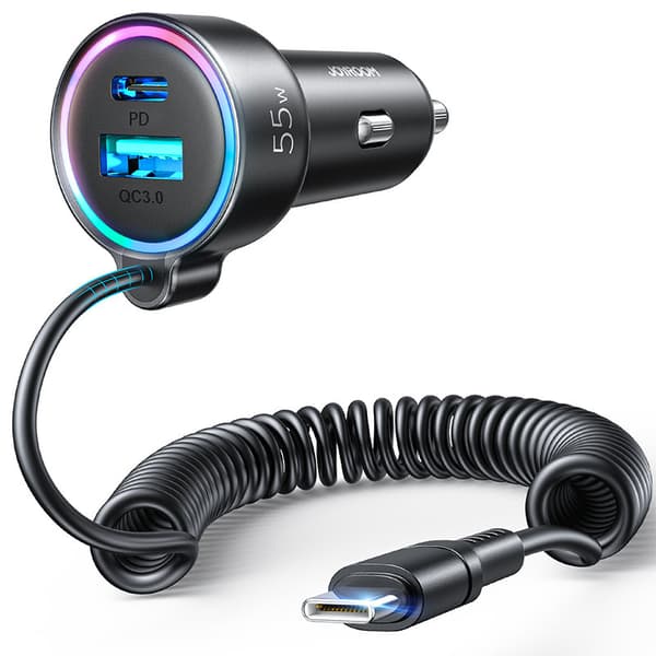3i1 hurtig biloplader med USB-C kabel 1,5m 55W sort