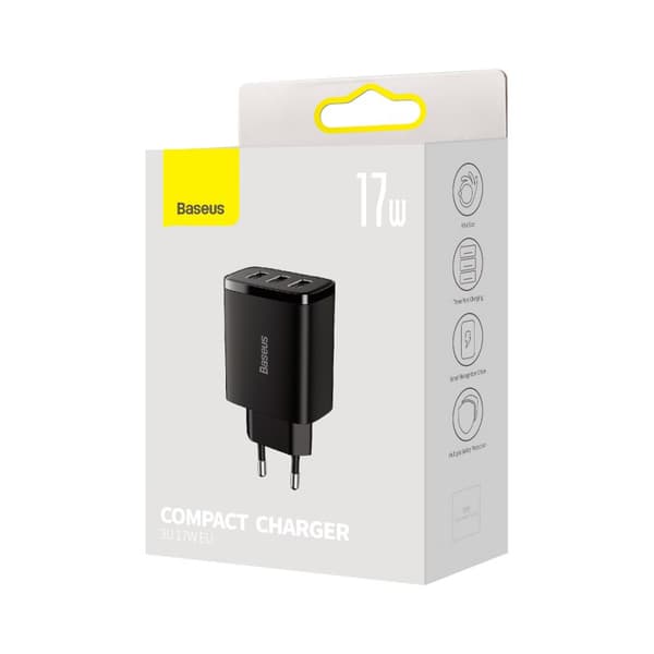 Kompakt 3x USB 17W vægoplader, sort