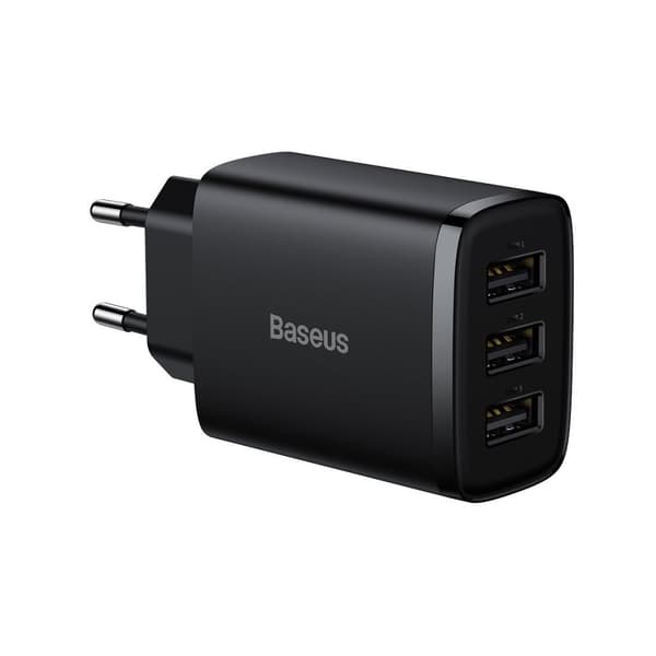 Kompakt 3x USB 17W vægoplader, sort Sort