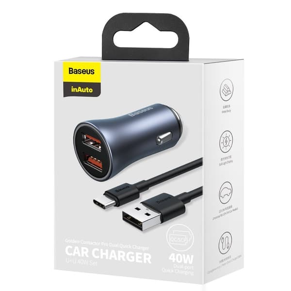 Snabb billaddare 2x USB 40W QC SCP FCP AFC + USB-C kabel grå