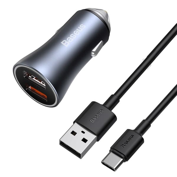 Snabb billaddare 2x USB 40W QC SCP FCP AFC + USB-C kabel grå