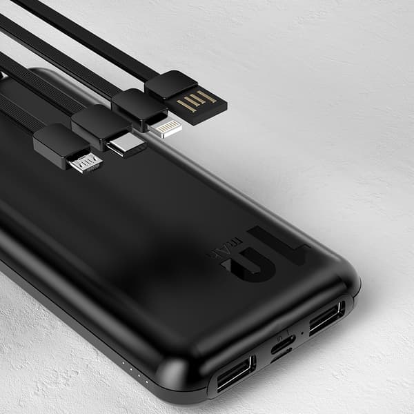 Powerbank K6Pro 10000mAh universal med USB-C microUSB Lightning-kabel, sort
