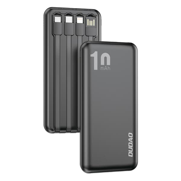 Powerbank K6Pro 10000mAh universal med USB-C microUSB Lightning-kabel, sort