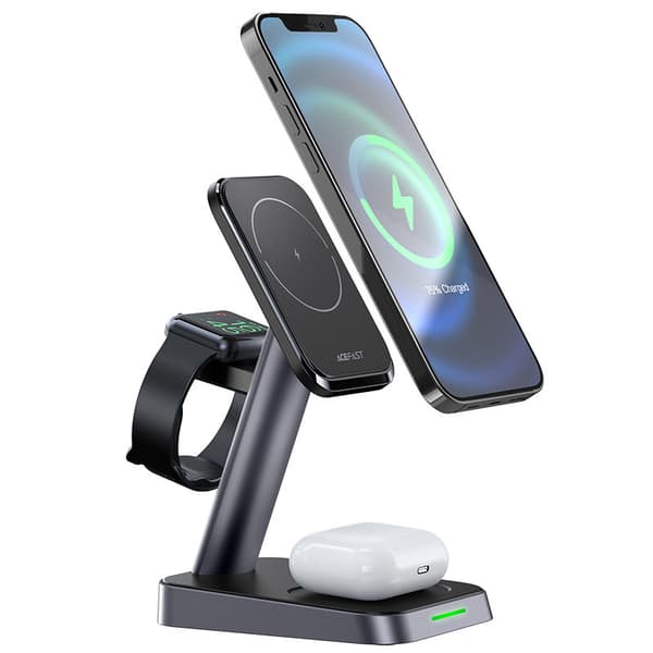 3in1 15W Qi-laturi magneettipidikkeellä iPhonelle, Apple Watchille ja AirPodsille, musta