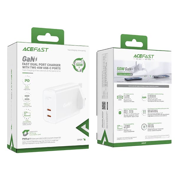 Engelsk A32 GaN nätladdare två USB-C PD-portar 50W UK kontakt vit