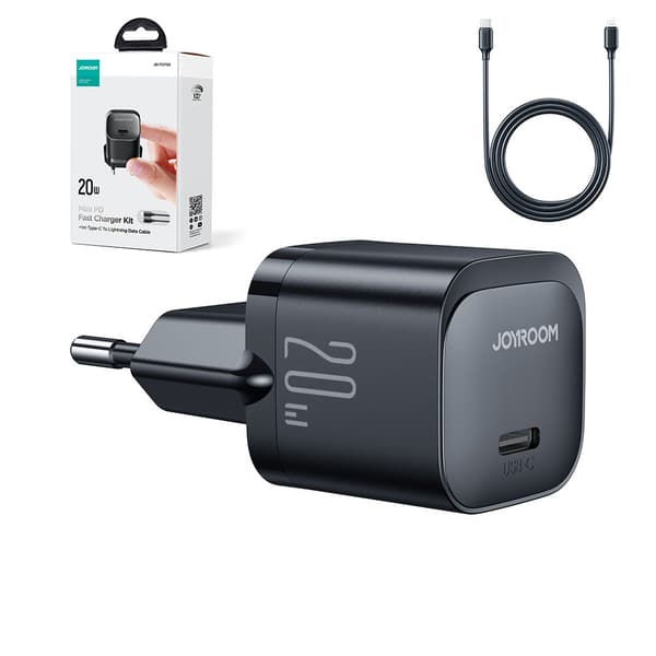 Mini USB-C 20W PD-laturi iPhone Lightning -kaapelilla, musta