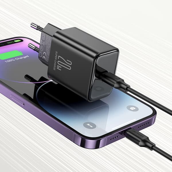 USB-C 20W PD netoplader med kabel til iPhone Lightning, sort