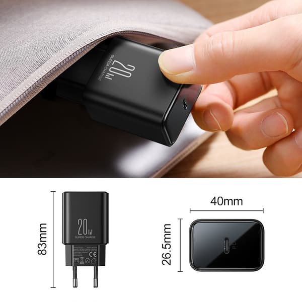 USB-C 20W PD netoplader med kabel til iPhone Lightning, sort