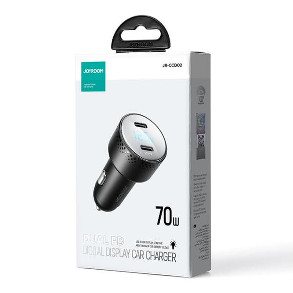 Billader med LED display 2x USB-C 70W, sort