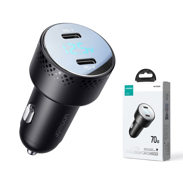 Billader med LED display 2x USB-C 70W, sort