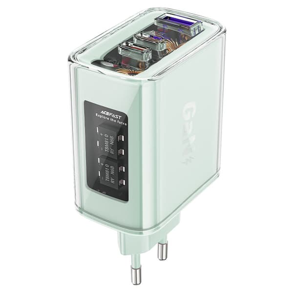 GaN 65W verkkolaturi 3 porttia 1x USB 2x USB-C vihreä