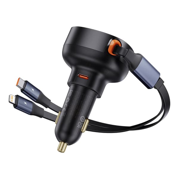 Biloplader med USB-C og udtrækkeligt USB-C kabel til iPhone 60W, sort