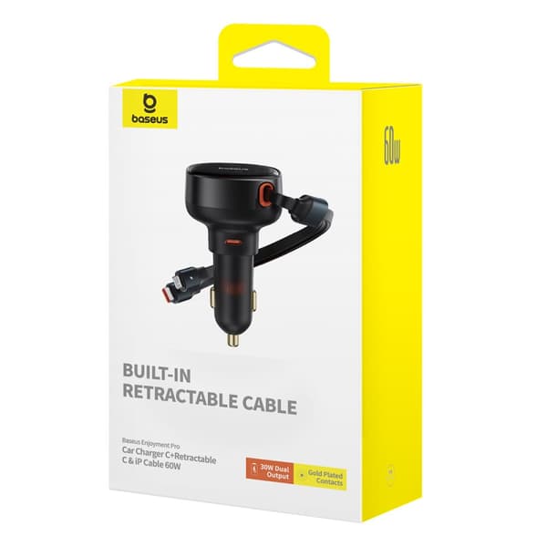 Biloplader med USB-C og udtrækkeligt USB-C kabel til iPhone 60W, sort