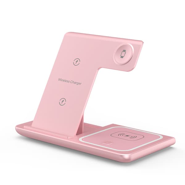 INF 3-i-1 trådløs lader for telefon, klokke og ørepropper 0 Rosa