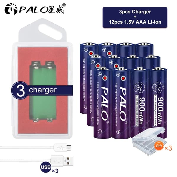 Genopladeligt AAA Li-ion batteri, 900mWh kapacitet, 12 eller 16 batterimuligheder,1,5V, 12AAA 3lader