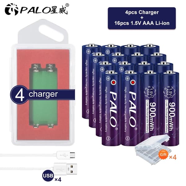 Genopladeligt AAA Li-ion batteri, 900mWh kapacitet, 12 eller 16 batterimuligheder,1,5V, 12AAA 3lader
