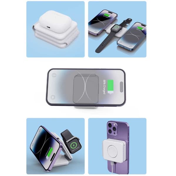 Sammenleggbar trådløs mobillader 3-i-1 Magsafe Hvit