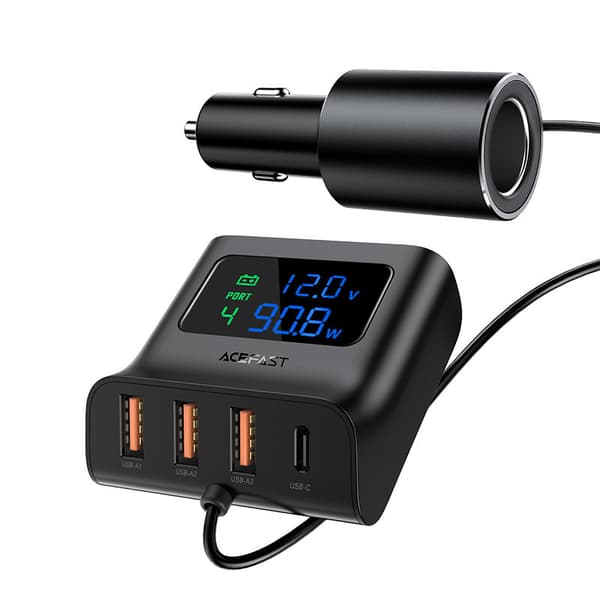Autolaturi latausasema 90W USB-C 3x USB QC 3.0 musta