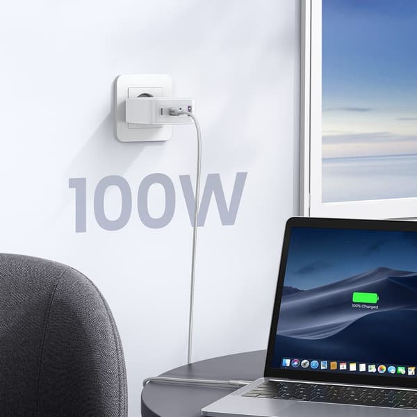 GaN hurtigoplader 3x USB-C USB 100W PPS PD Power Delivery hvid