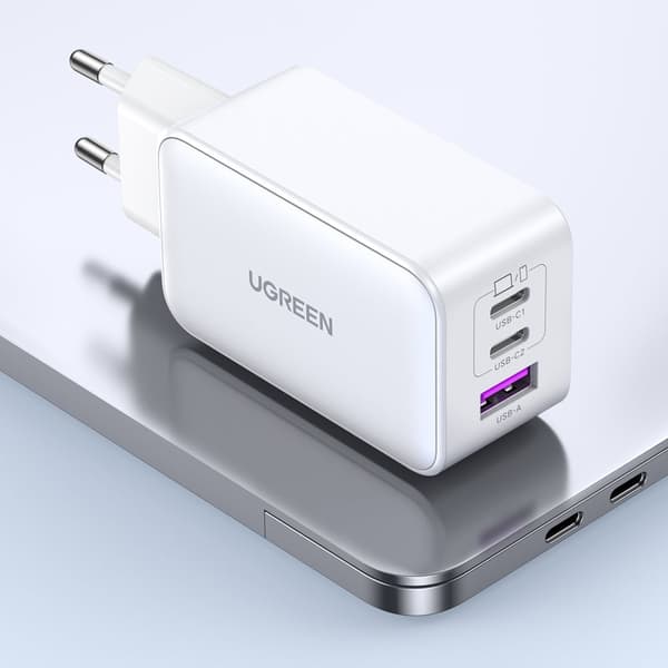 GaN 65W USB-A / 2x USB-C hurtigoplader, hvid