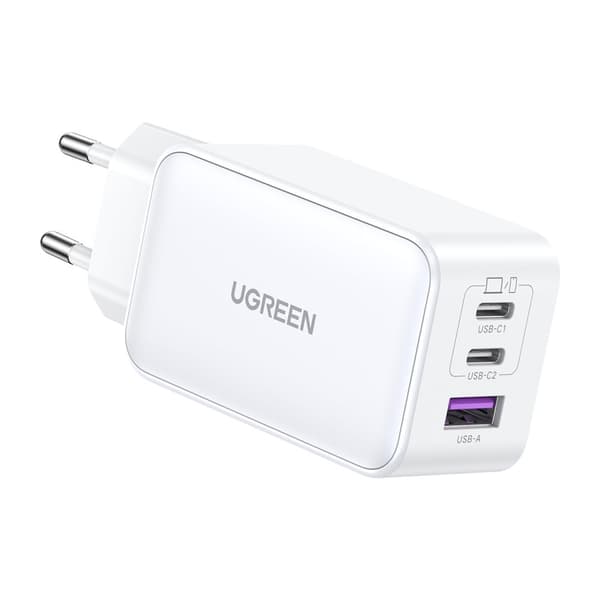 GaN 65W USB-A / 2x USB-C hurtigoplader, hvid