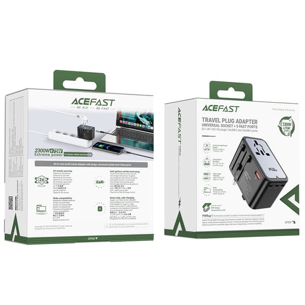 Universal GaN Rejseoplader 2x USB-A 3x USB-C stik UK EU USA AUS Sort
