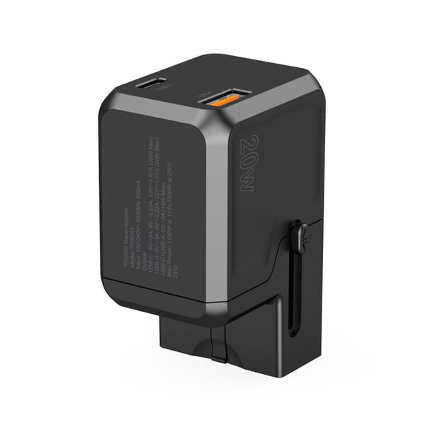 Universal USB-C USB-A PD Rejseoplader 20W US EU UK AU Stik Sort