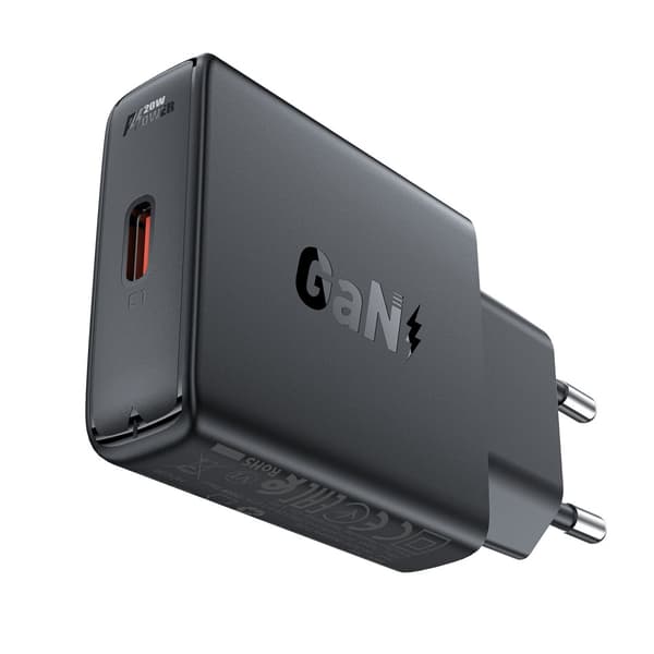 Lille flad GaN PD 20W USB-C sort oplader