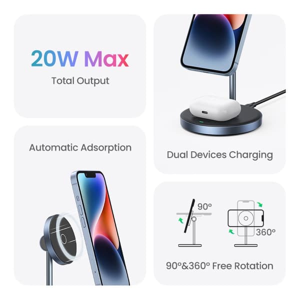 2i1 20W laddstation och MagSafe Qi USB-C magnetstativ, svart