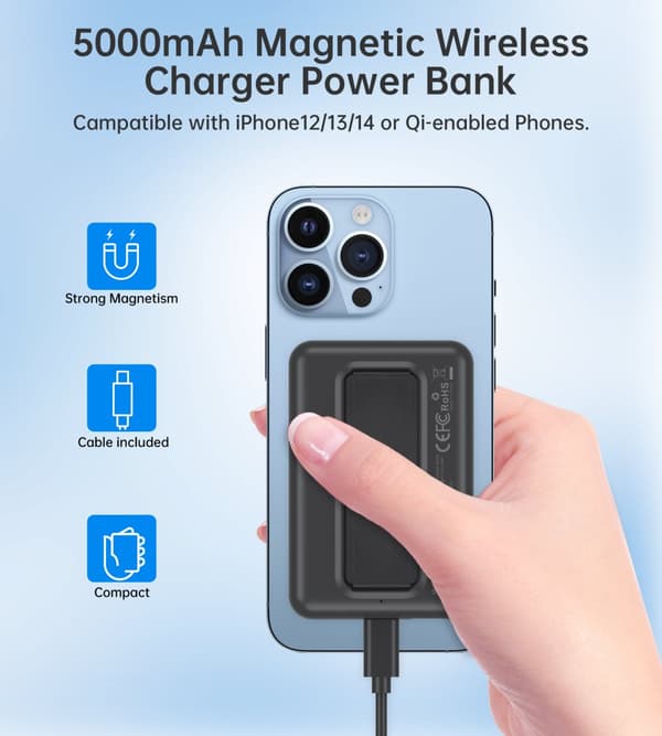 Powerbank 10000mAh langaton MagSafe USB-A USB-C jalusta toiminto musta