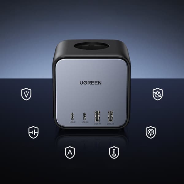 Oplader strømskinne AC 240V GaN 2x USB-C 2x USB-A 3x AC 240V - sort