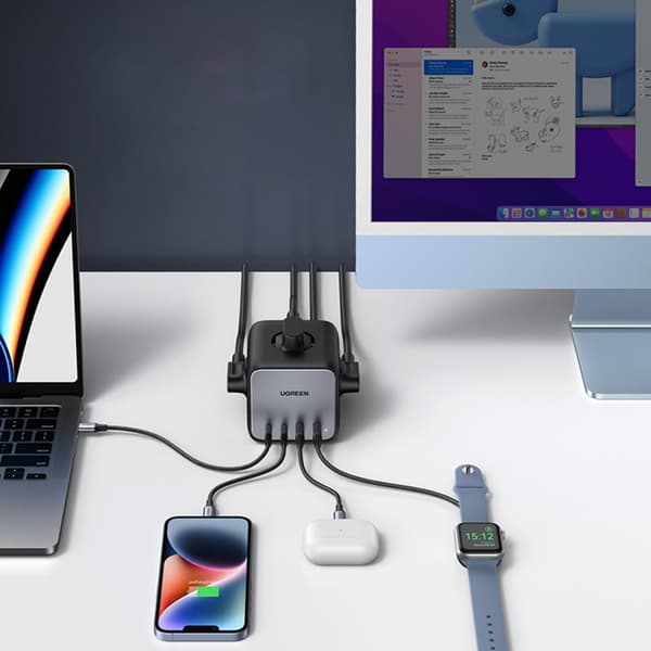 Oplader strømskinne AC 240V GaN 2x USB-C 2x USB-A 3x AC 240V - sort
