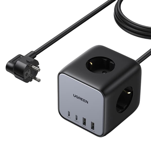 Oplader strømskinne AC 240V GaN 2x USB-C 2x USB-A 3x AC 240V - sort
