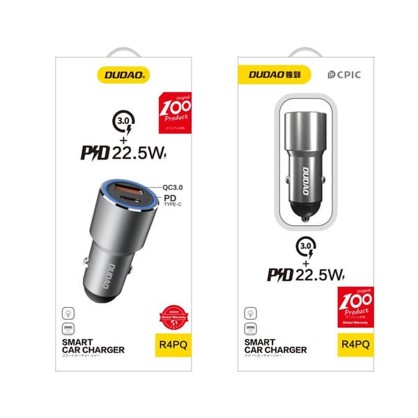 USB-C PD QC 22,5W USB biloplader, grå Grå
