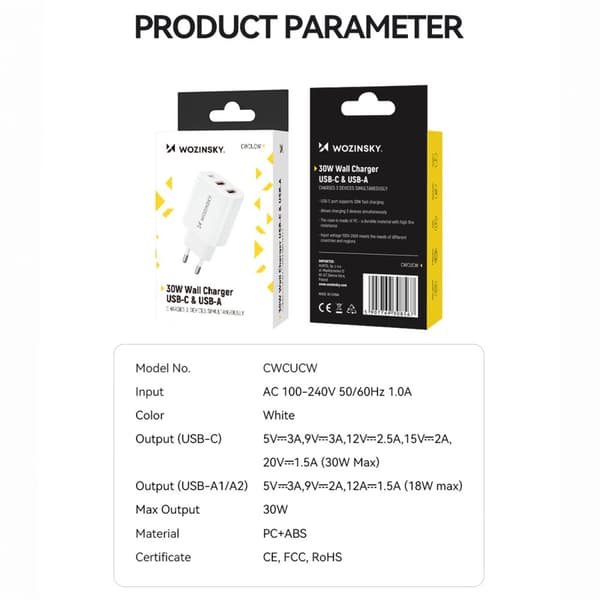 Verkkolaturi 100-240V 30W USB-C 2x USB-A valkoinen