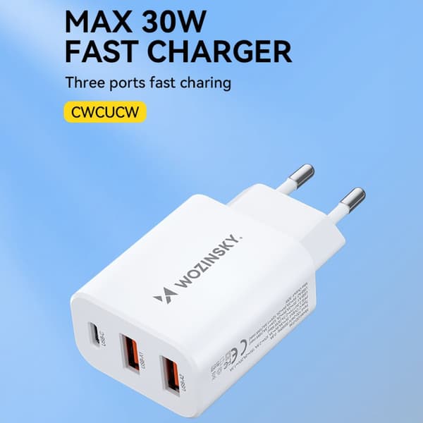 Verkkolaturi 100-240V 30W USB-C 2x USB-A valkoinen
