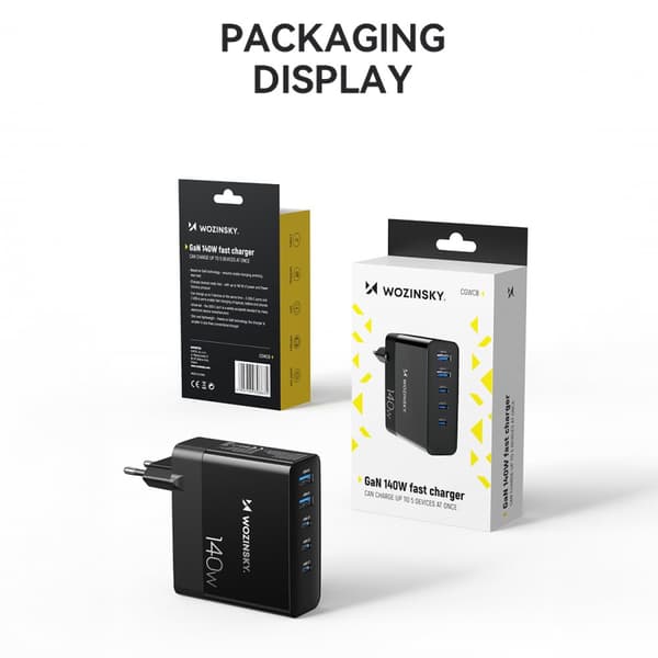 Nätladdare 100-240V GaN 140W 3x USB-C / 2x USB-A svart