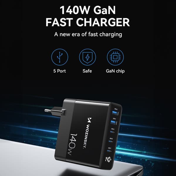 Nätladdare 100-240V GaN 140W 3x USB-C / 2x USB-A svart